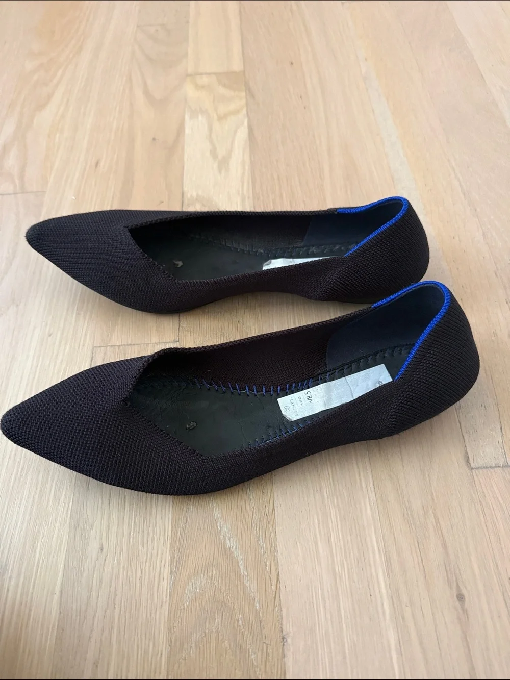 Rothy's Pointed Knit Flats in Dark Brown with Blue Trim